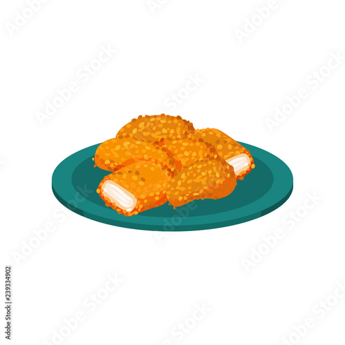 Breaded chicken nuggets served on a plate, tasty poultry dish vector Illustration on a white background