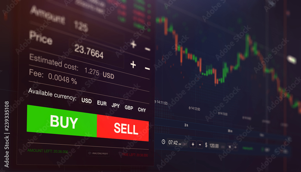 Obraz premium Modern stock exchange scene with chart, numbers and BUY and SELL options (3D illustration)