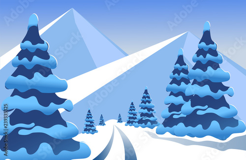 Winter. Landscape with stylized Christmas trees, mountains and snowdrifts. Frost. Snowfall. Vector image.