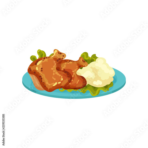 Fried chicken legs and mashed potatoes, tasty dish vector Illustration on a white background