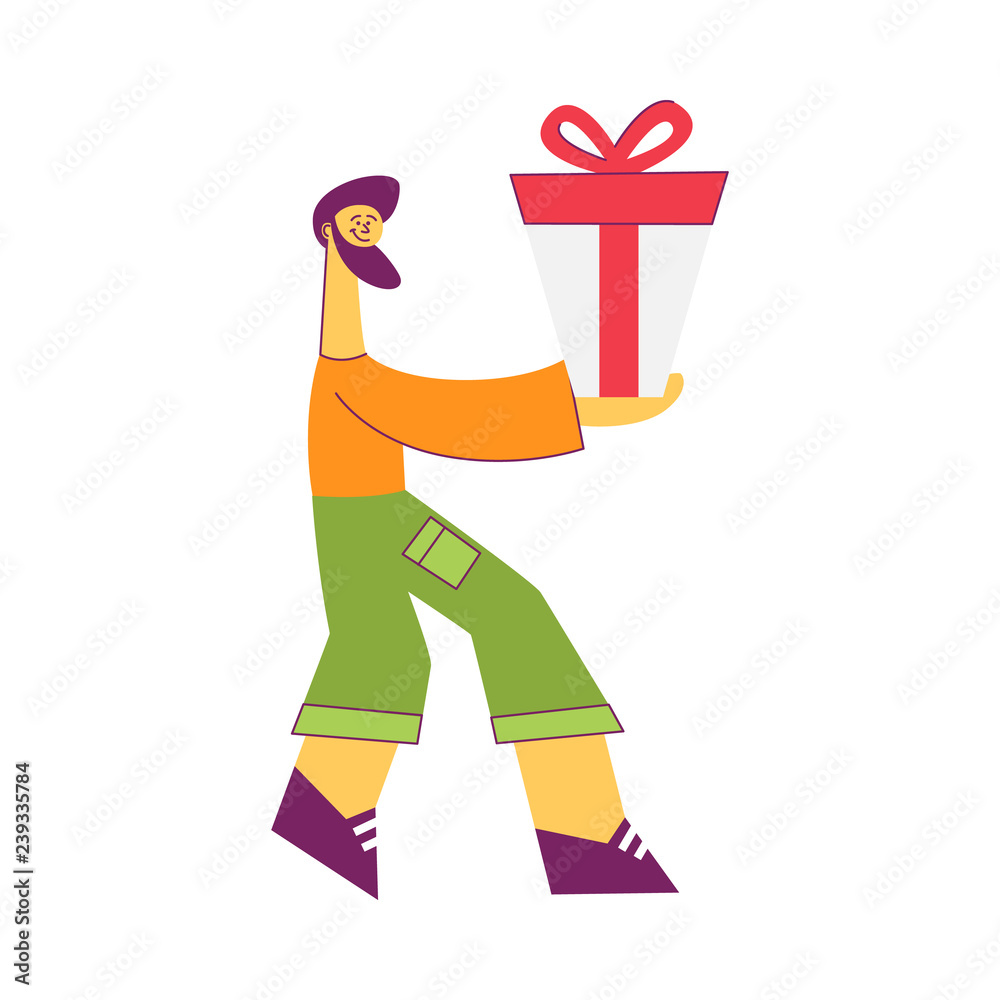 Vector illustration of young man carrying wrapped gift box decorated with ribbon and bow isolated on white background - flat male character giving or delivering present in festive package. Vector illustration of young man carrying wrapped gift box decorated with ribbon and bow isolated on white background - flat male character giving or delivering present in festive package.