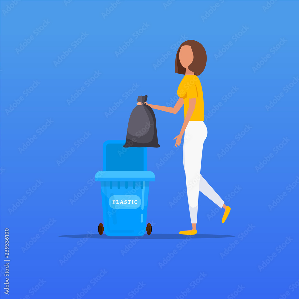Environmental Protection. Woman throws garbage into a organic container, vector illustration. Environmental Protection. Woman throws garbage into a organic container, vector illustration.