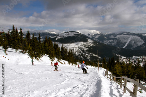  Famous ski resort in Czech Rupublic - Spindleruv Mlyn.  People on mountain , the chairlift .