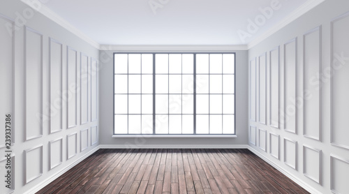 3d rendering illustration of big white room interior with big french windows and hardwood floor. Classical living room with molding, wall paneling. Day sun side light. Isolated on white backdrop, cut 