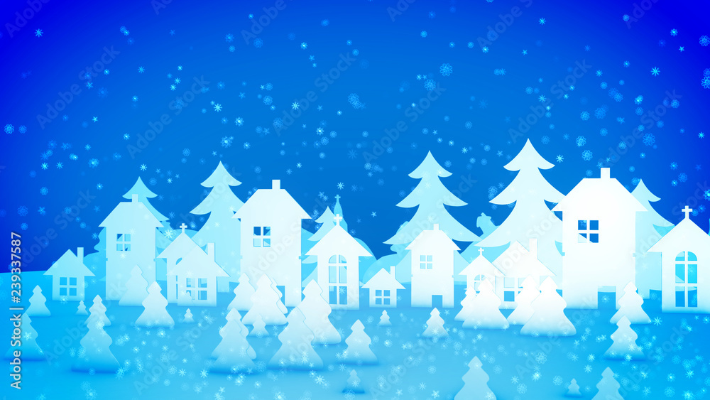 Christmas paper houses under beautiful snow