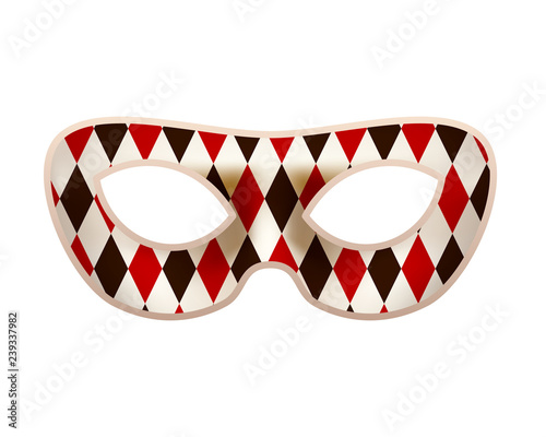Bright masquerade mask with red and black clown pattern on white