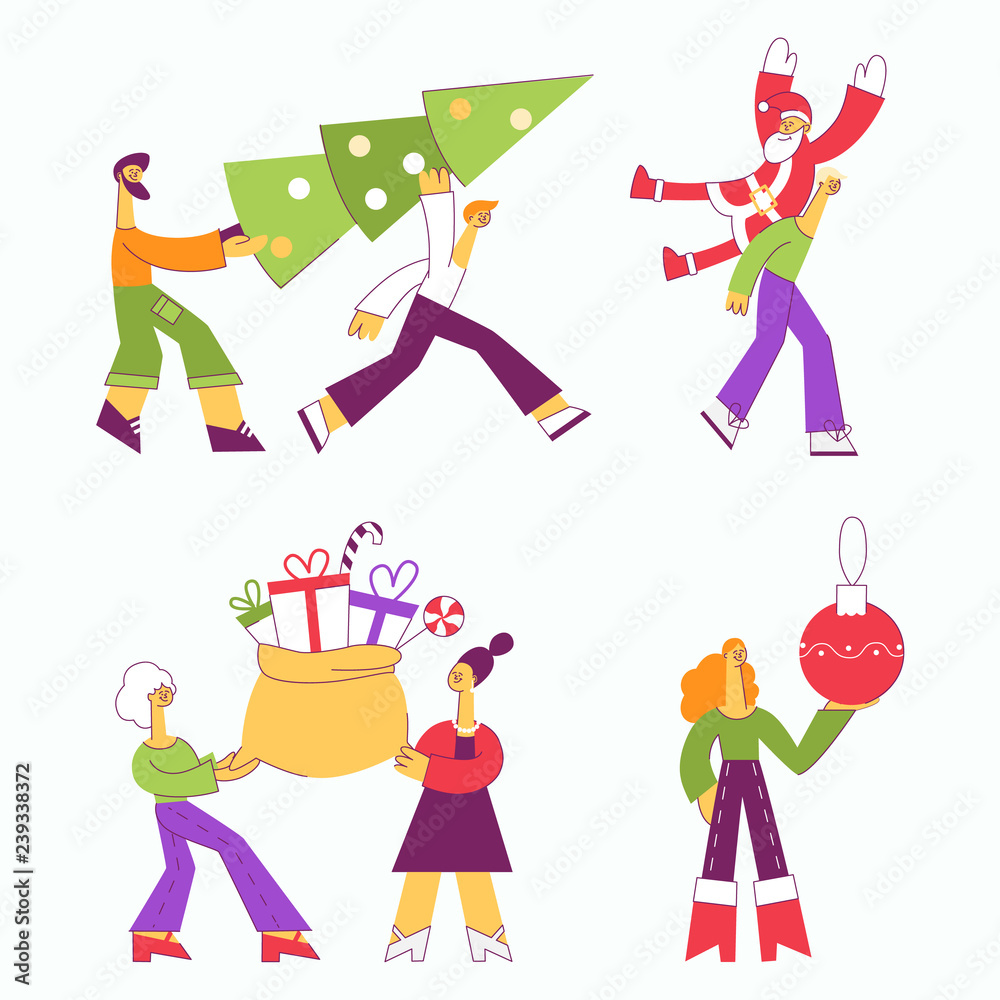Vector illustration set of people carrying Christmas and New Year traditional symbols in flat style - male and female characters preparing for winter holiday celebration isolated on white background. Vector illustration set of people carrying Christmas and New Year traditional symbols in flat style - male and female characters preparing for winter holiday celebration isolated on white background.