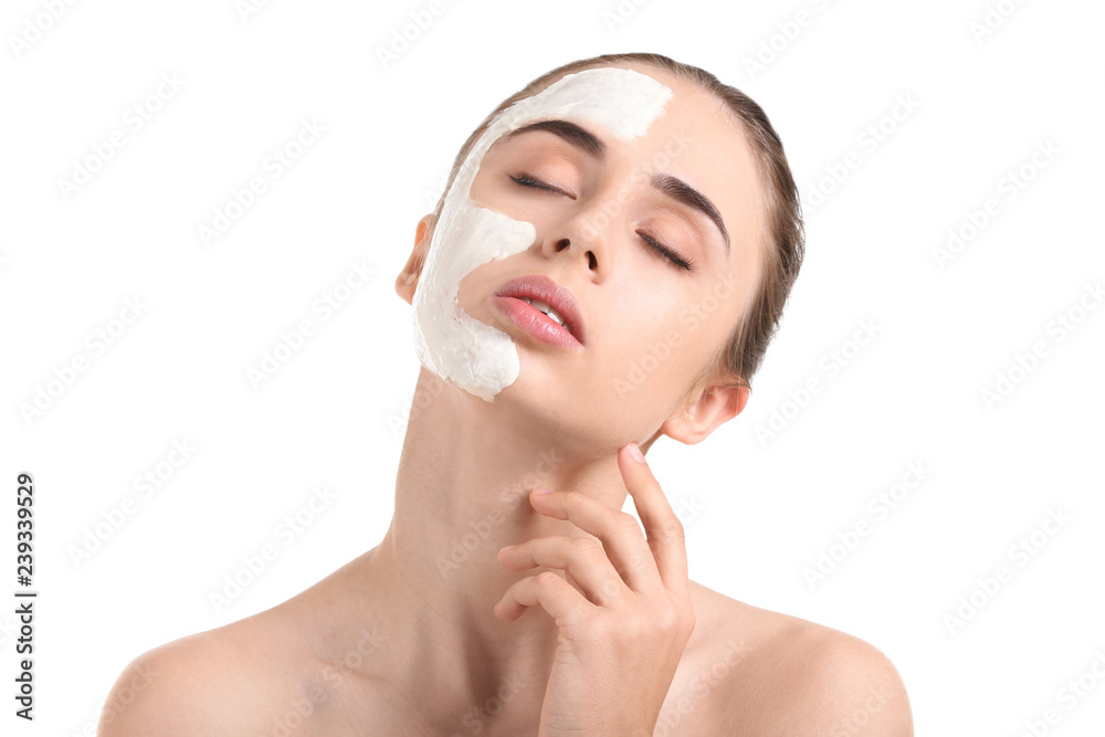 Beautiful young woman with facial mask on white background Beautiful young woman with facial mask on white background