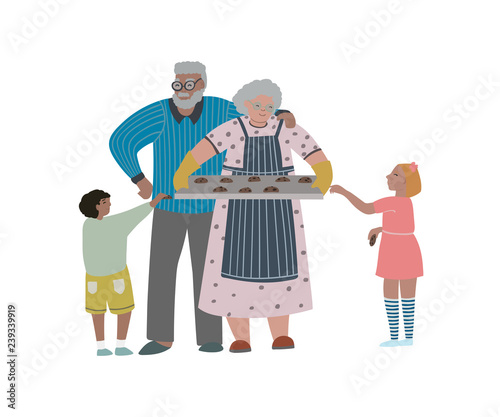 Grandfather and grandmother is holding tray with self-baked cookies and give them to their grandchildren. Isolated on white background. Vector illustration