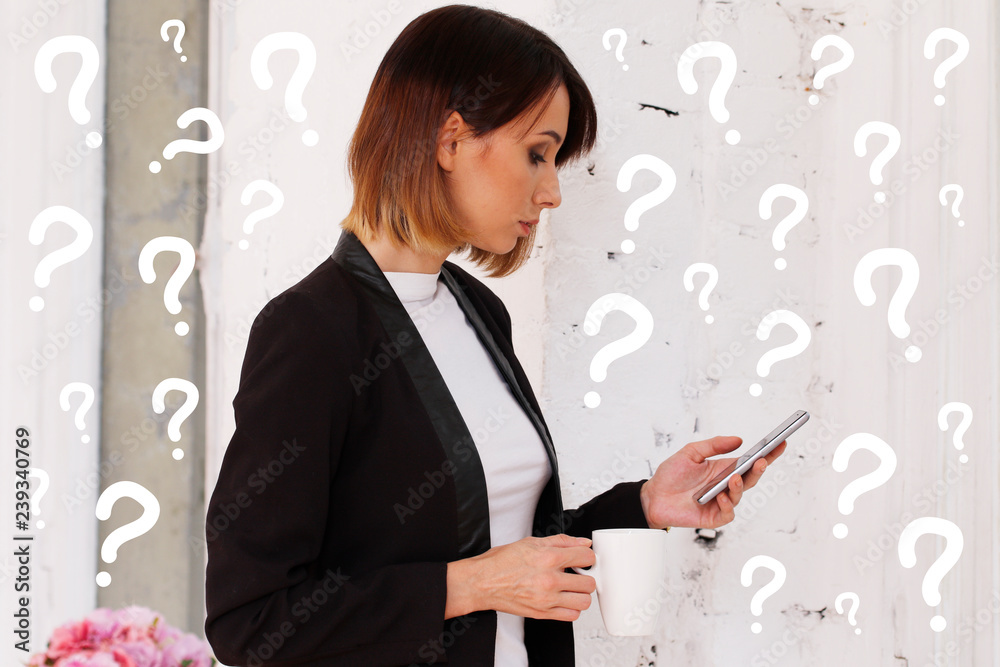 Business question concept. Woman work of office talking on phone. Business question concept. Woman work of office talking on phone.