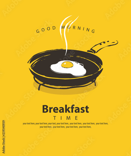 Vector banner on the theme of Breakfast time with a fried egg on a frying pan, with place for text in retro style on the yellow background