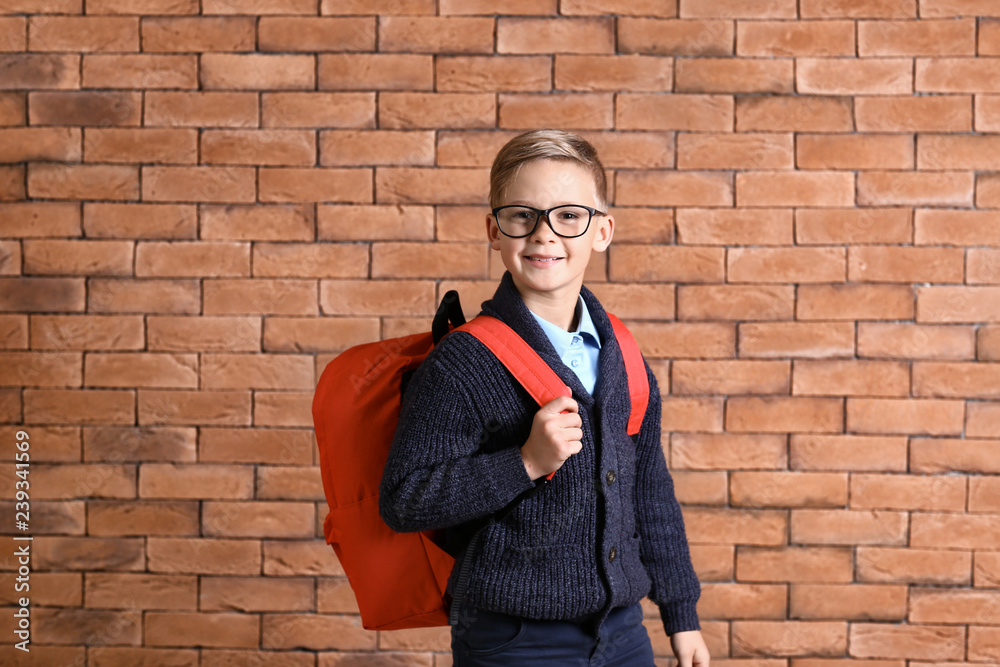 Cute little schoolboy with backpack against brick wall