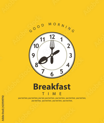 Vector banner on the theme of Breakfast time with a clock in the form of plate, and clocks hands in the form of fork and spoon on a yellow background with place for text in retro style.
