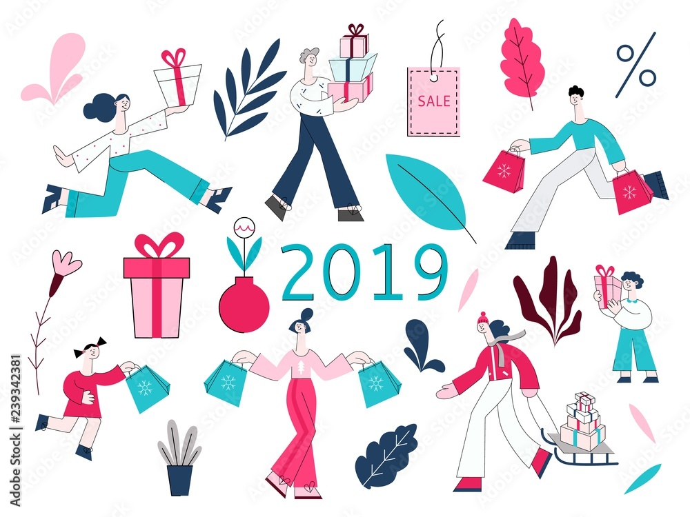 Vector illustration set of people with shopping bags and present boxes and decorative elements for winter holidays and seasonal sale concept in flat style isolated on white background.