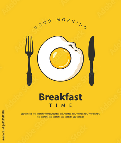 Vector banner on the theme of Breakfast time with fried egg, fork and knife on the yellow background with place for text in retro style photo