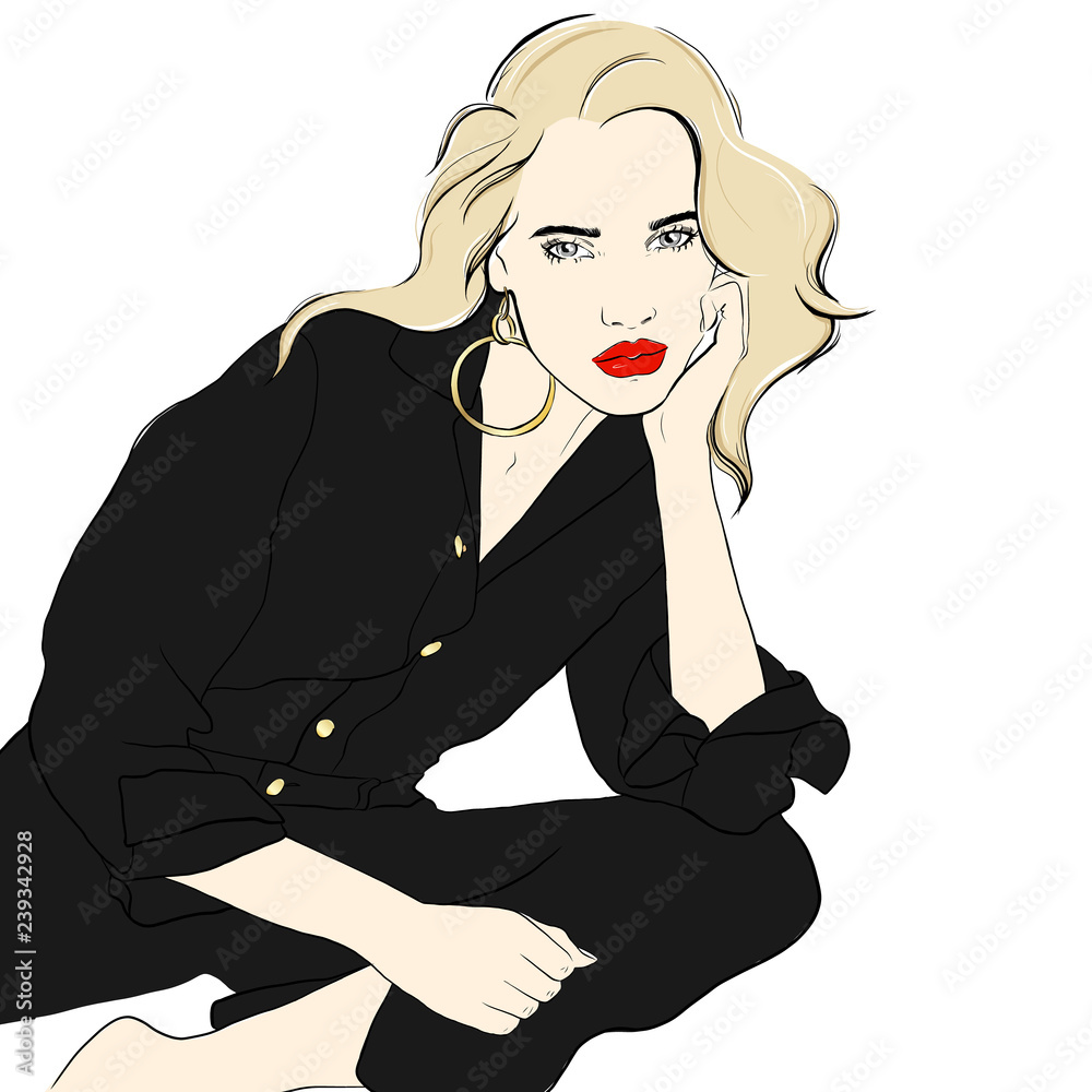 Fashion woman sketch. Beautiful young woman in a shirt, overalls. Hand  drawn fashion girl with red lips. Fashion model posing. Sketch. Vector  illustration. Fashion, style, beauty. Sketch drawing Stock Vector | Adobe