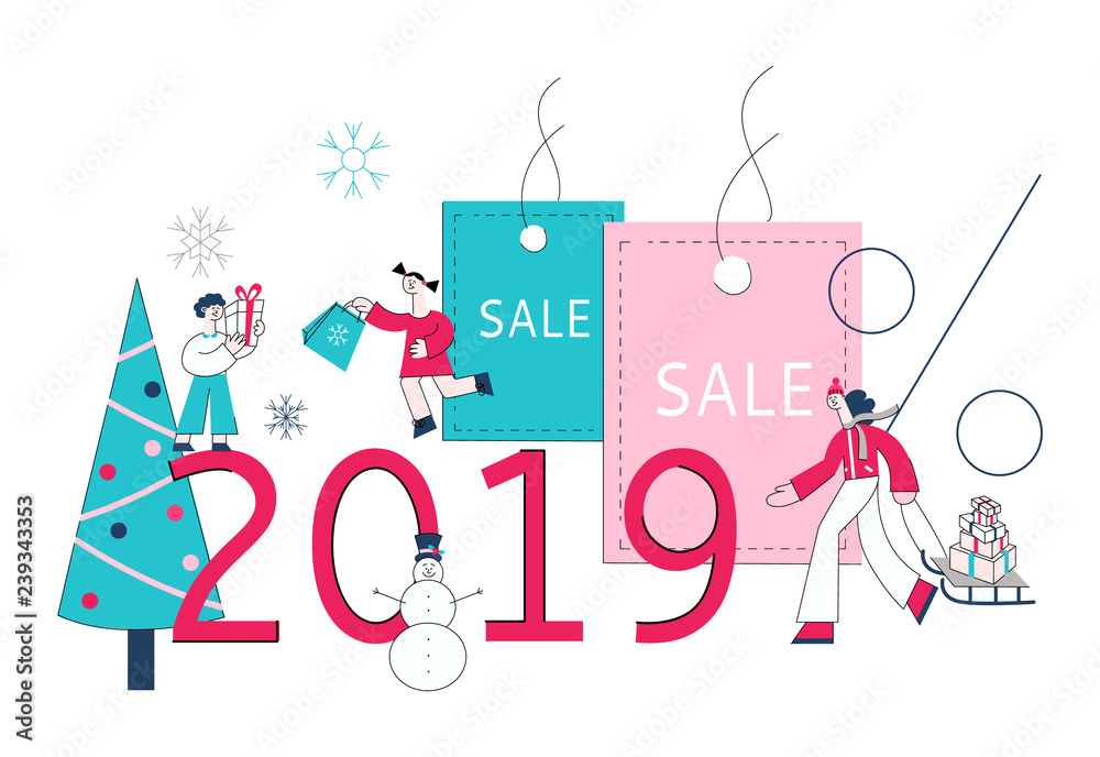 Vector 2019 winter sale concept with adult woman pulling sledge with shopping bags, purchases during store clearance and discounts, kids holding presents background of christmas tree, snowflakes