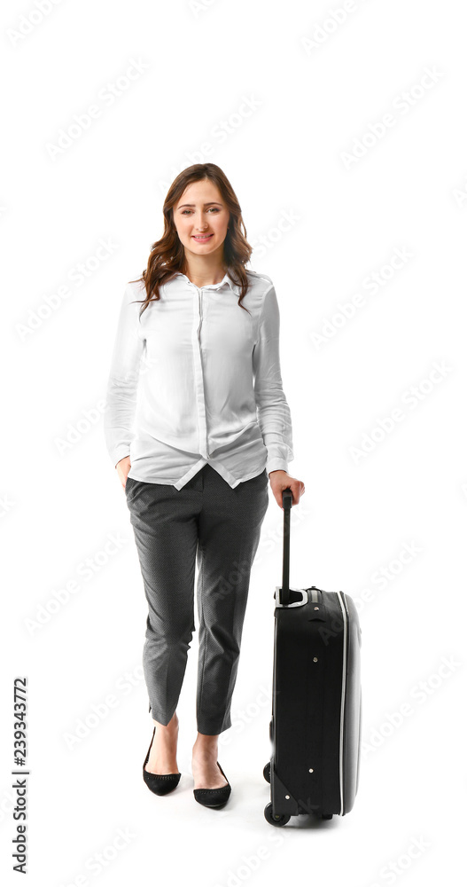Young woman with luggage ready for business trip, on white background Young woman with luggage ready for business trip, on white background
