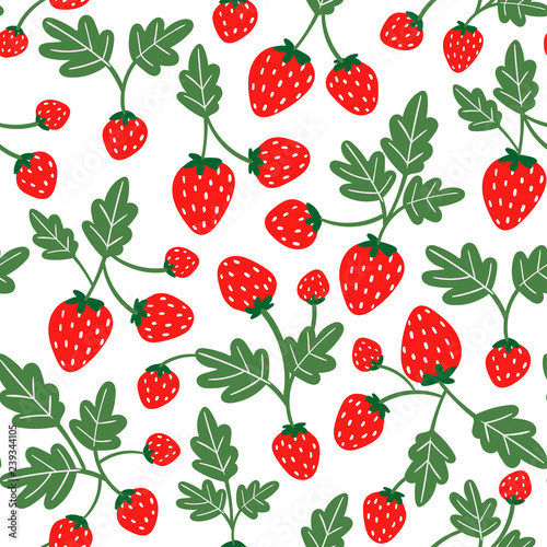 Juicy strawberry branches. Hand drawn vector seamless pattern. Transparent background