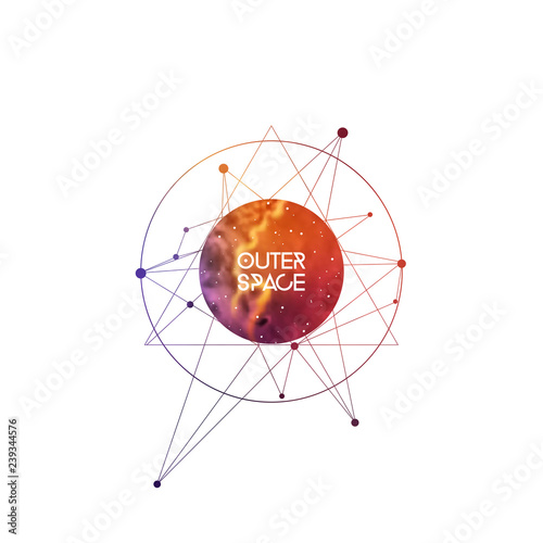 Outer space scientific template with label area. Hipster interlocking geometry shapes with space texture. Vector design for music albums, posters, flyers, web and mobile application.
