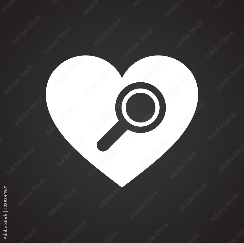 Heart love search icon on black background for graphic and web design, Modern simple vector sign. Internet concept. Trendy symbol for website design web button or mobile app Heart love search icon on black background for graphic and web design, Modern simple vector sign. Internet concept. Trendy symbol for website design web button or mobile app