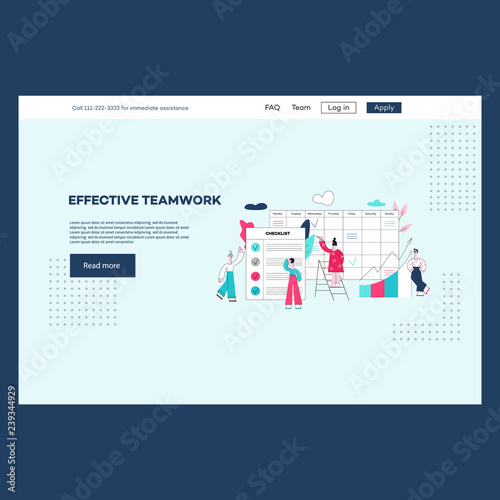 Vector effective teamwork poster with stylized young woman and men colleagues disscussing business project or developing process near big canban tables, checklists as timemanagement, workflow symbols
