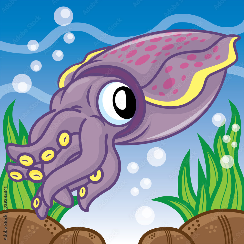 Obraz premium Squid swimming cartoon, cartoon cute, animal cute