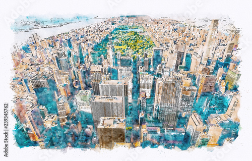 Aerial view of Midtown Manhattan  NY and Central Park watercolor painting