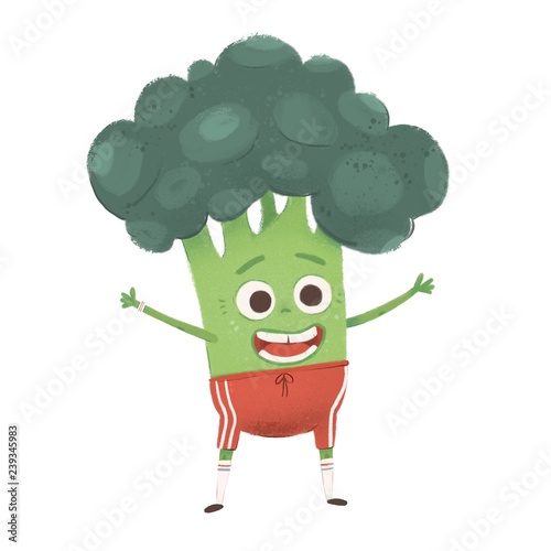 Happy broccoli in red sport pants. Cute vegetable with face and clothes. Hand drawn colored illustration