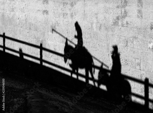 Shadows of two people riding donkeys on wall background. People silhoutte on the wall, artistic photo in black and white, B&W, selective focus.Contrast, people shadows on sunny day, like sir Quixote