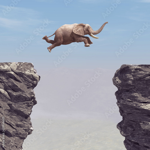 A elephant jumping over a chasm.