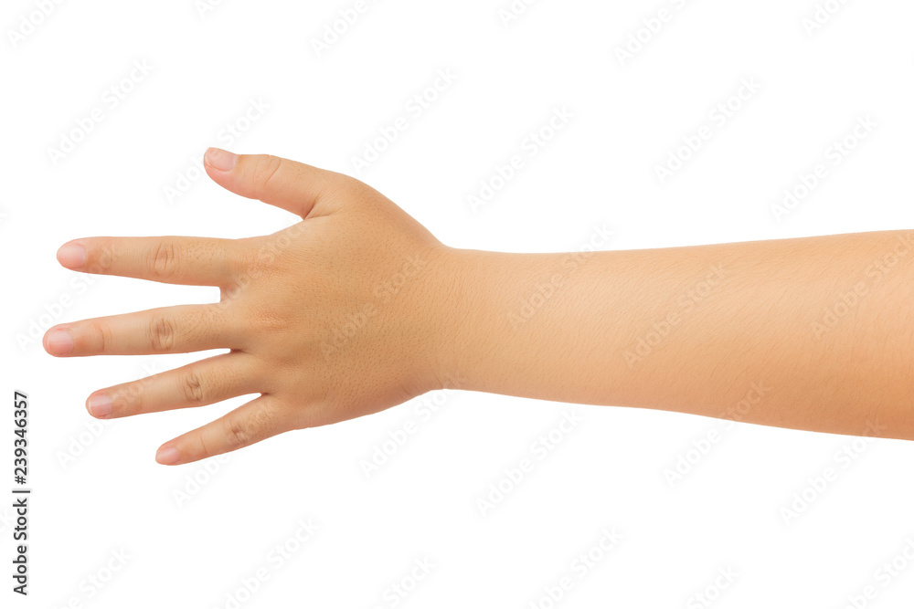 Human hand in reach out one's hand and showing 5 fingers gesture isolate on white background with clipping path, Low contrast for retouch or graphic design