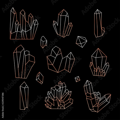 Set of crystals Vector illustration Line icons of crystals, diamonds and mineral stones in rose gold isolated on black background