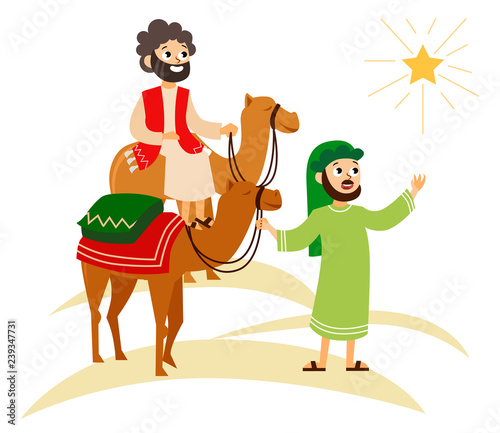 Three wise men on camels going to Bethlehem