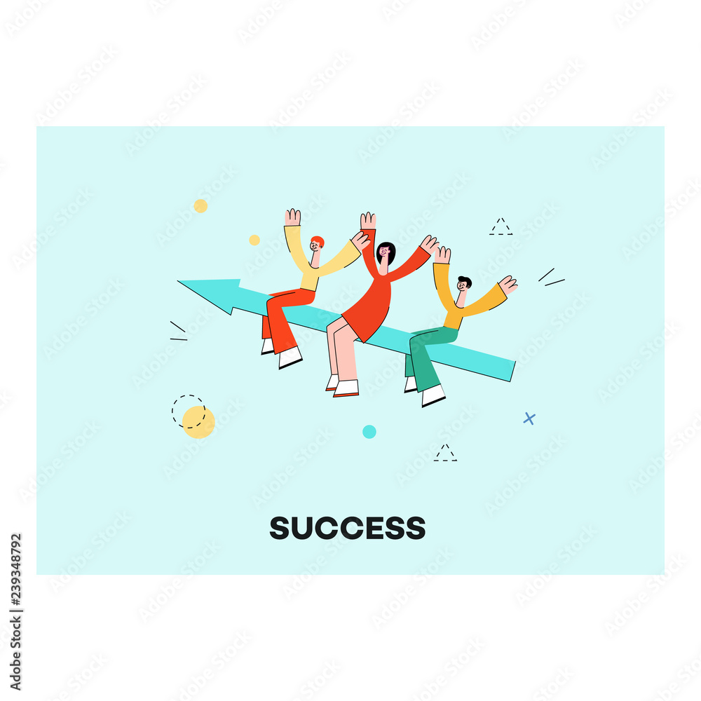 Vector teamwork concept poster with stylized business man and woman flying at big arrow raising hands up. Female, male office characters and symbol of workflow and successful communication