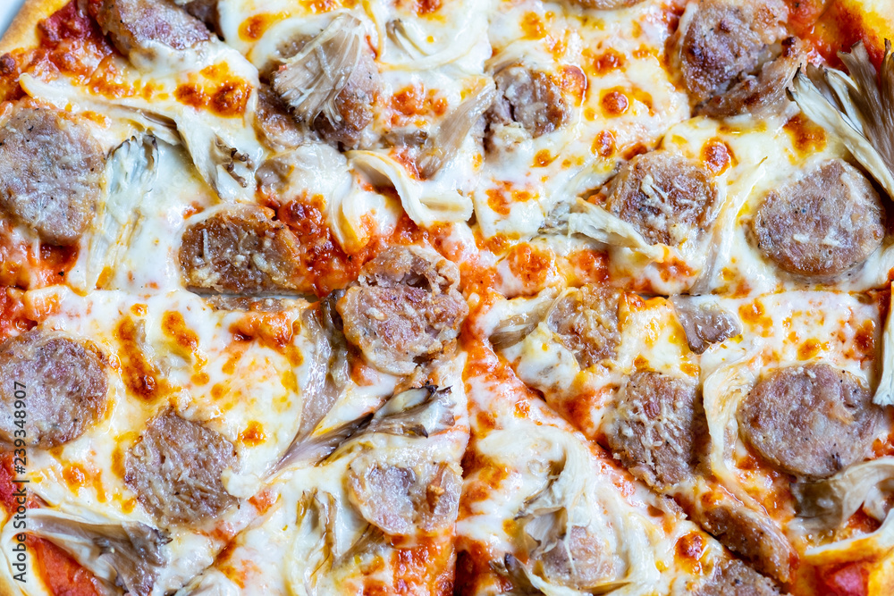 Fresh pizza with tomatoes, cheese and sausage Fresh pizza with tomatoes, cheese and sausage