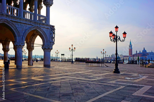 Doge's Palace and Piazzetta against San Giorgio Maggiore in the Early Morning Light, Venice, Veneto, Italy