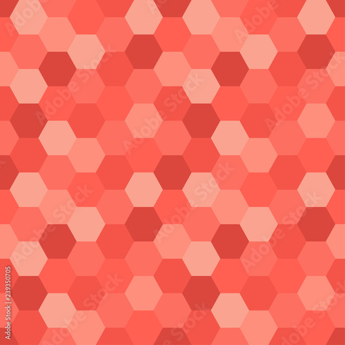 Geometric seamless abstract background with hexagon shapes as mosaic pattern in 2019 color living coral