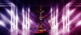 Hookah smoking on the background of a  wall, concrete bola, in clouds of smoke and neon light