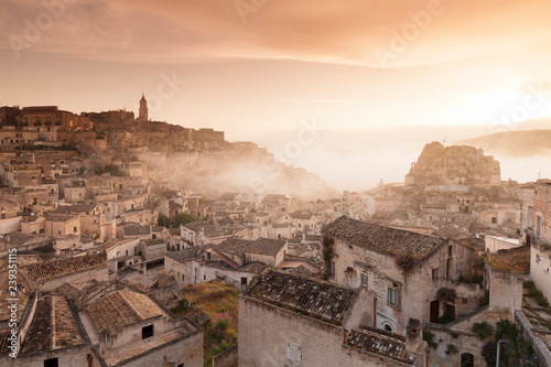 Townscape at sunrise, Matera, Basilicata, Puglia, Italy photo
