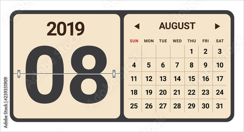 August 2019 monthly calendar vector illustration