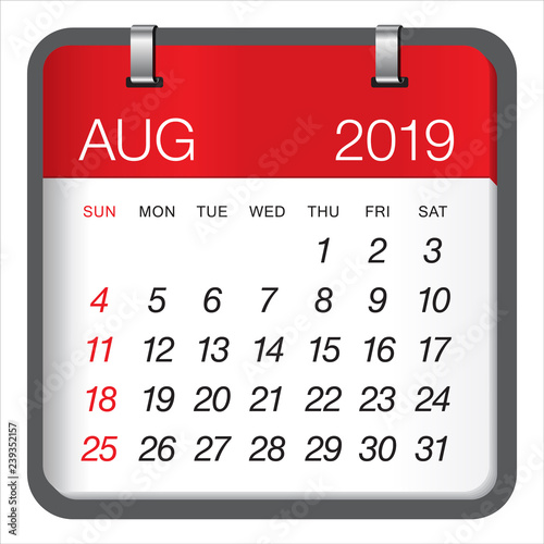 August 2019 monthly calendar vector illustration