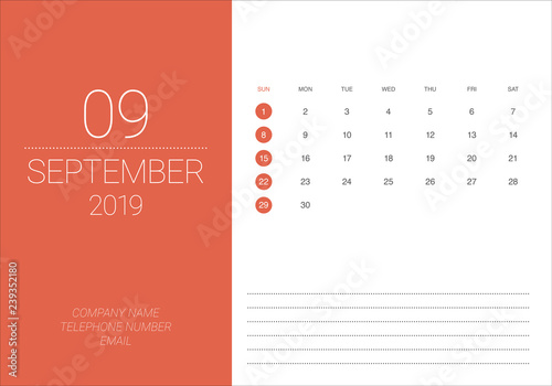 September 2019 desk calendar vector illustration