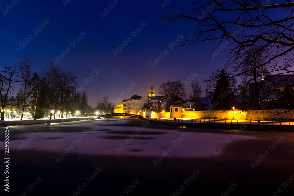 Winter night in Ceske Budejovice at Christmas time.