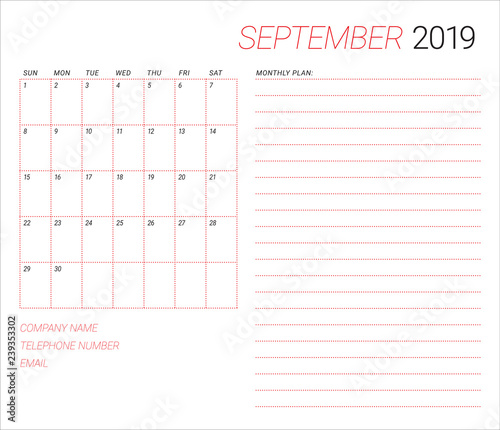 September 2019 desk calendar vector illustration