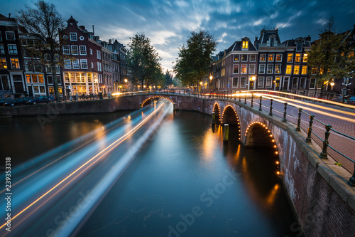 A long exposure of Amsterdam's southern canal rings at the intersection of Leidsegracht and Keizersgracht. photo