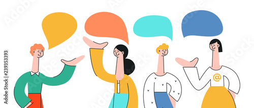 Vector illustration set of talking people with speech bubbles in flat style isolated on white background. Young men and women with hand gestures communicating with each other and discussing.