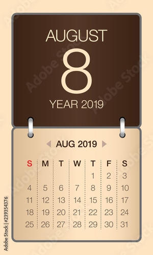 August 2019 monthly calendar vector illustration