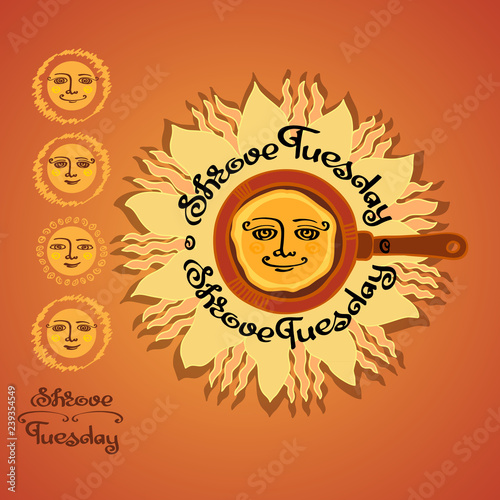 Vector illustration of Shrovetide with  sun, plate, pancake.