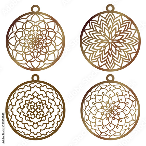 A set of laser cut openwork christmas decoration vector design. Laser cutting template for xmas tree. Merry Christmas decoration symbol for  cutting paper, wood and metal. Tree ball with lace pattern.